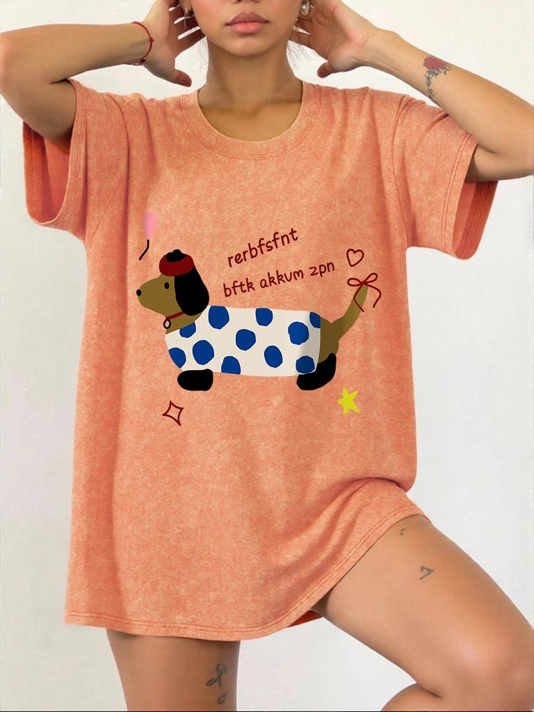 Dachshund Printing Washed TShirts Womens Cotton Short Sleeve Tops Hip Hop ONeck Oversized T Shirt Summer Comfortable Clothes
