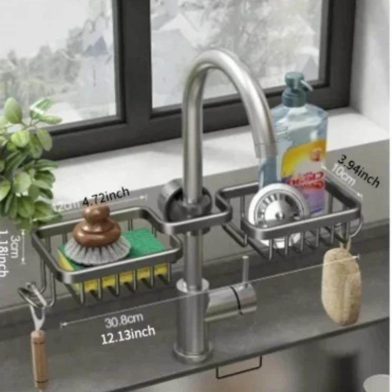 Kitchen Space Aluminum Sink Drain Rack Sponge Storage Faucet Holder Soap Drainer Shelf Basket Organizer Bathroom Accessories