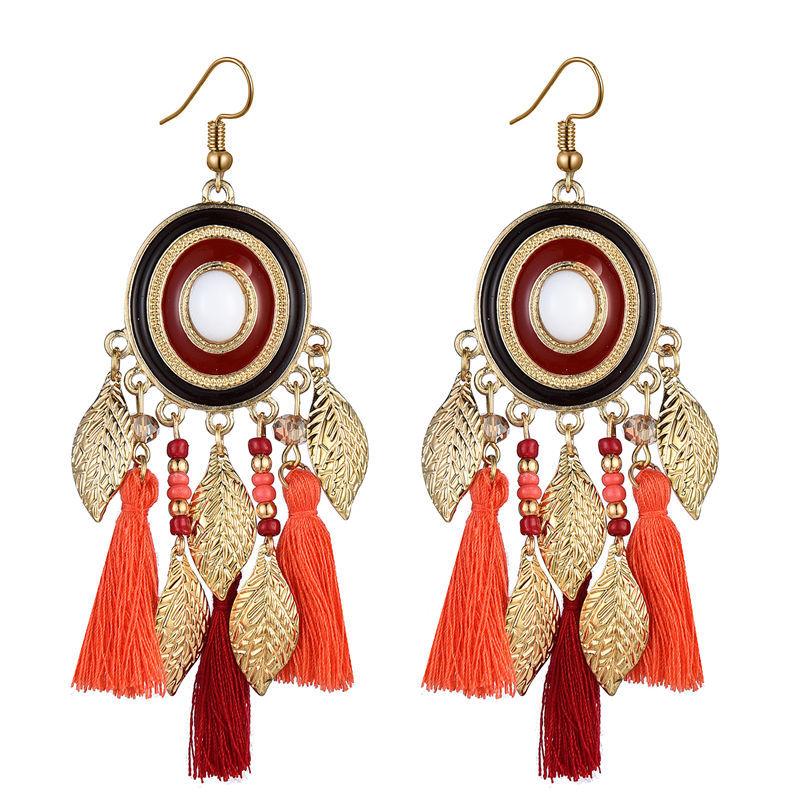 Vintage Ethnic Long Tassels Earrings For Women Boho Gold Color Leaf Drop Exaggerated Dangle Earring Female Party Jewelry