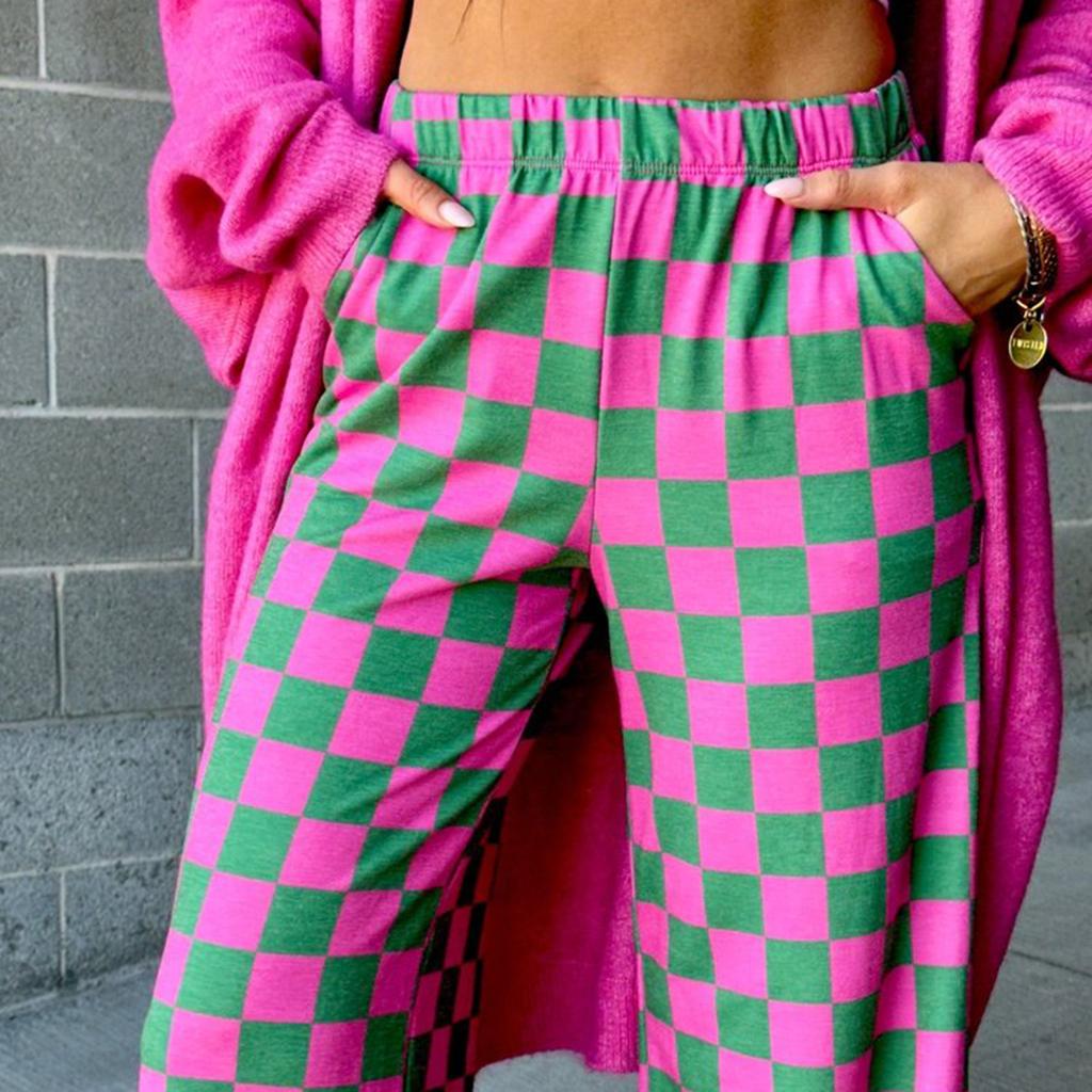 Women Wide-Leg Pants Checkerboard Elastic Waist Loose Trousers Spring Summer Casual Sweatpants Bottoms