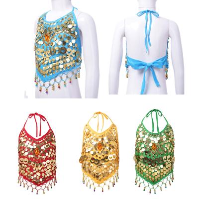 Çocuk Kız Oryantal Dans Üst Kolsuz Dantel-up Halter Boyun Backless Payetler Çan Püskül Dekor Kırpma Üst