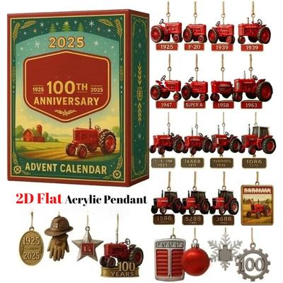 2025 Tractor 100th Anniversary Advent Calendar,24 Days Christmas Countdown Calendar with 2D Flat Acrylic Tractors Ornaments,Gifts for Tractor Lovers