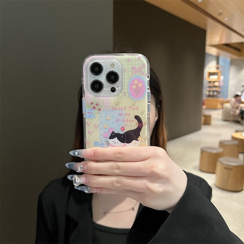 

Cute Plaid Floral Kitten Suitable for Apple 16promax Mobile Phone Case IPhone 15 New Model 13 14 12 X Apple 12