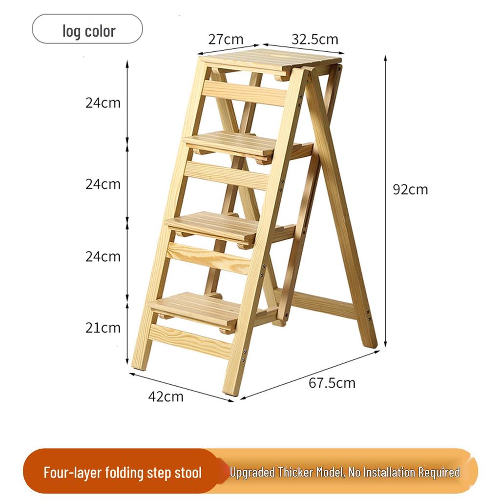 Solid Wood Foldable Ladder with Non-Slip Steps - Multi-Functional, Portable, Stackable, and Ideal for Household Climbing and Storage.