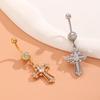 CZ Cross & Heart Belly Button Ring Set, Gold & Silver Tone Dangling Navel Piercing Jewelry