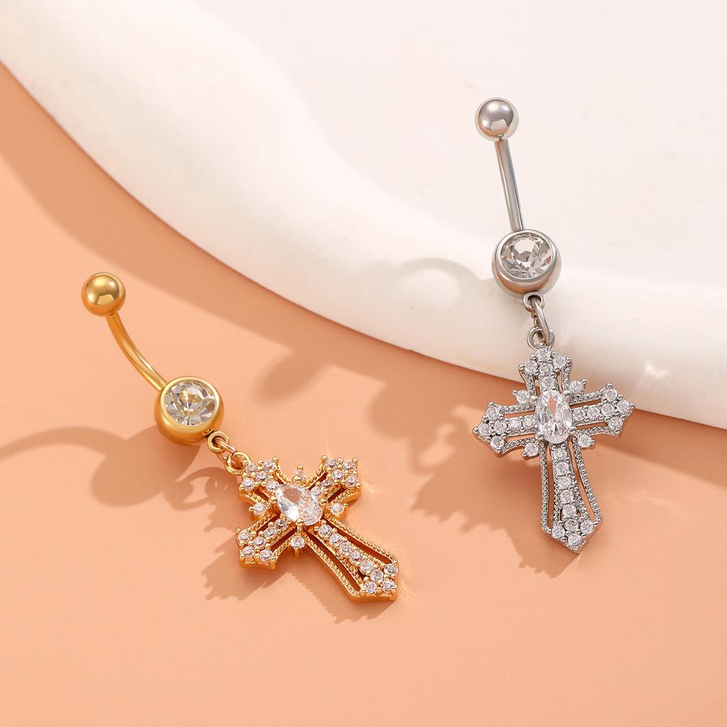 CZ Cross & Heart Belly Button Ring Set, Gold & Silver Tone Dangling Navel Piercing Jewelry