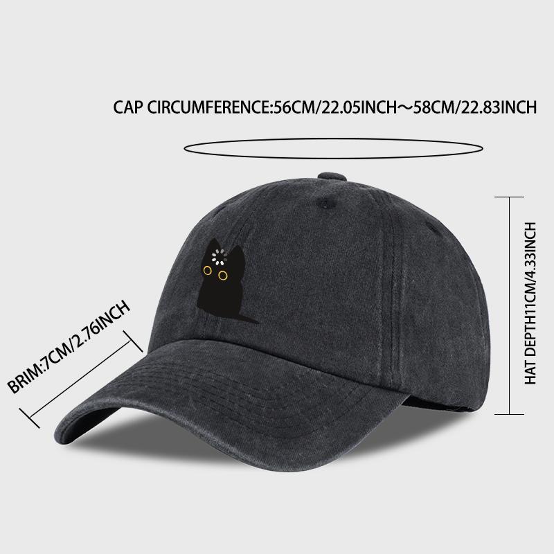 Cute Black Cat Print Washed Baseball Cap Soft, Comfortable, Lightweight, Breathable, Adjustable Adorable, Healing, Trendy, Fashi