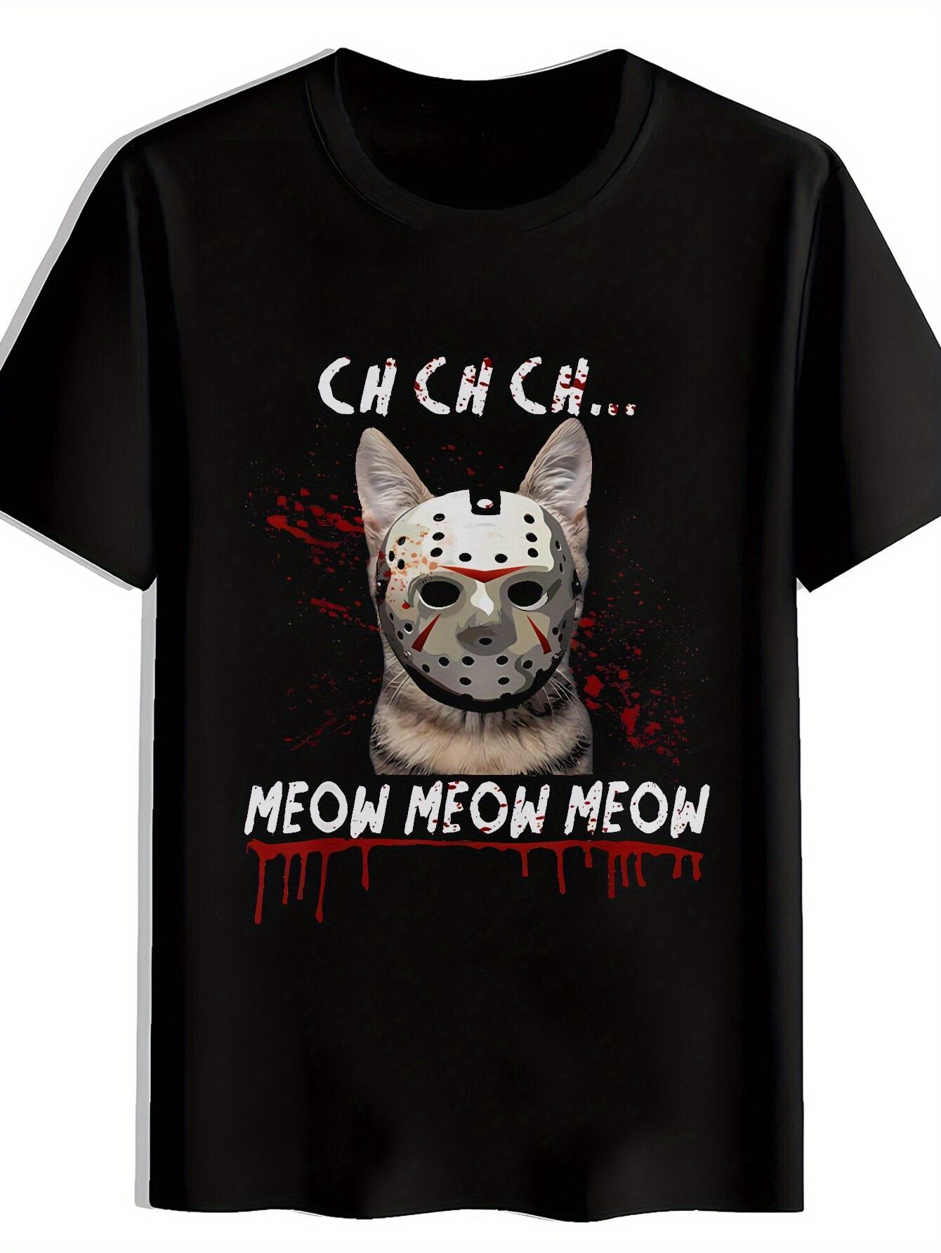 T-shirt Horror Movie Mask Graphic - Black Casual Summer Tee with Meow Meow Meow Print XXXL