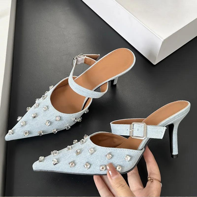 Fashion Eilyken Crystal Diamond Buckle Pointed Toe Women Slippers Fashion Thin High Heels Prom Party Pumps Ladies Shoes Zapatos De Mujer