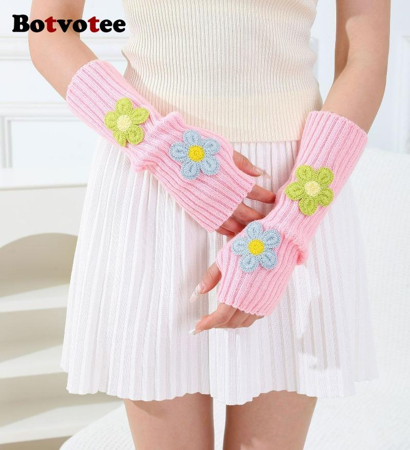 Botvotee Sleeves for Women Y2k Accessories Sweet Pink Flower Half Finger Arm Warmers Preppy Style Winter Knit Fingerless Gloves