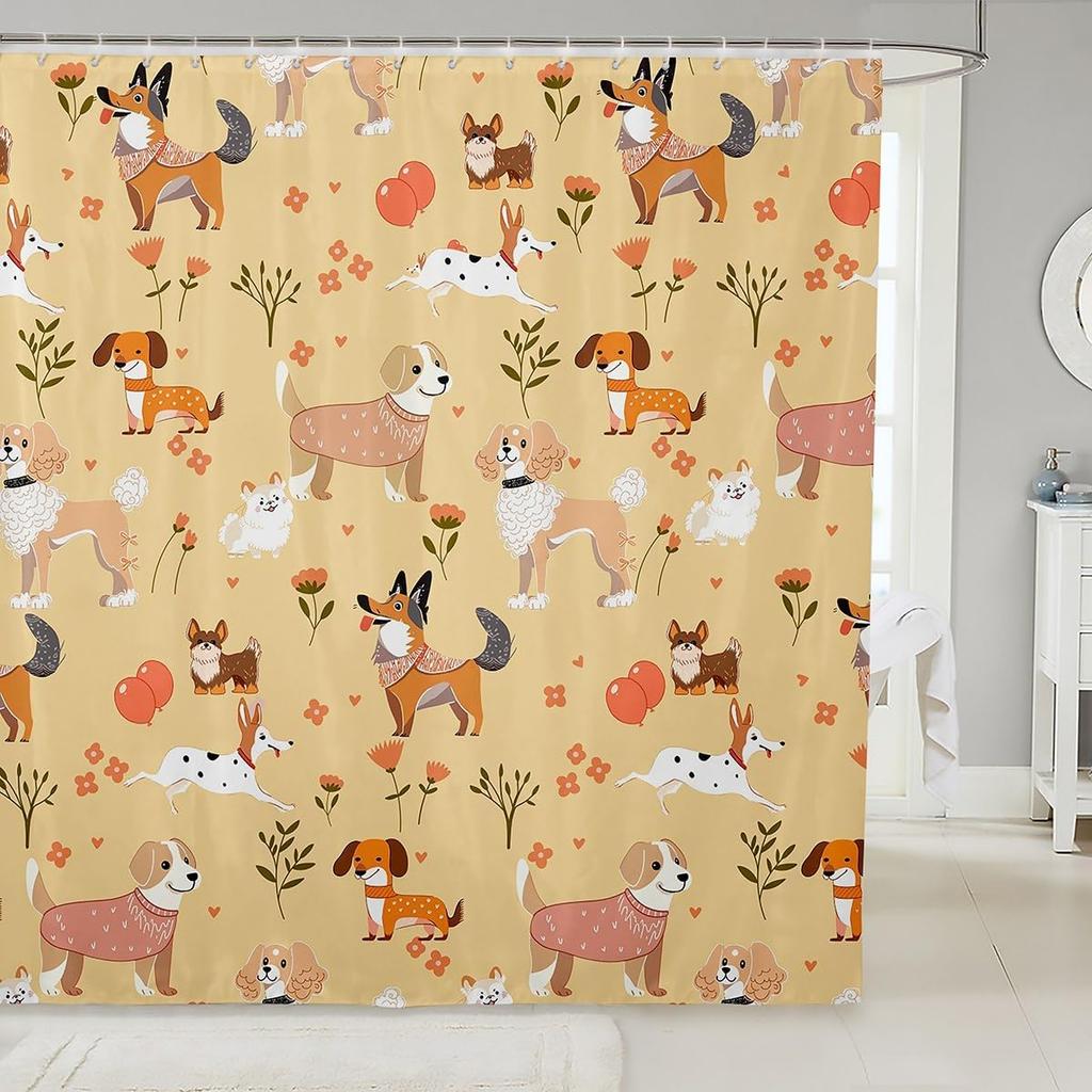 Cartoon Husky Shower Curtains,Cute Dog Animal Kawaii Family Puppy Pet Bath Curtain,Boho Floral Leaves White Waterproof Fabric