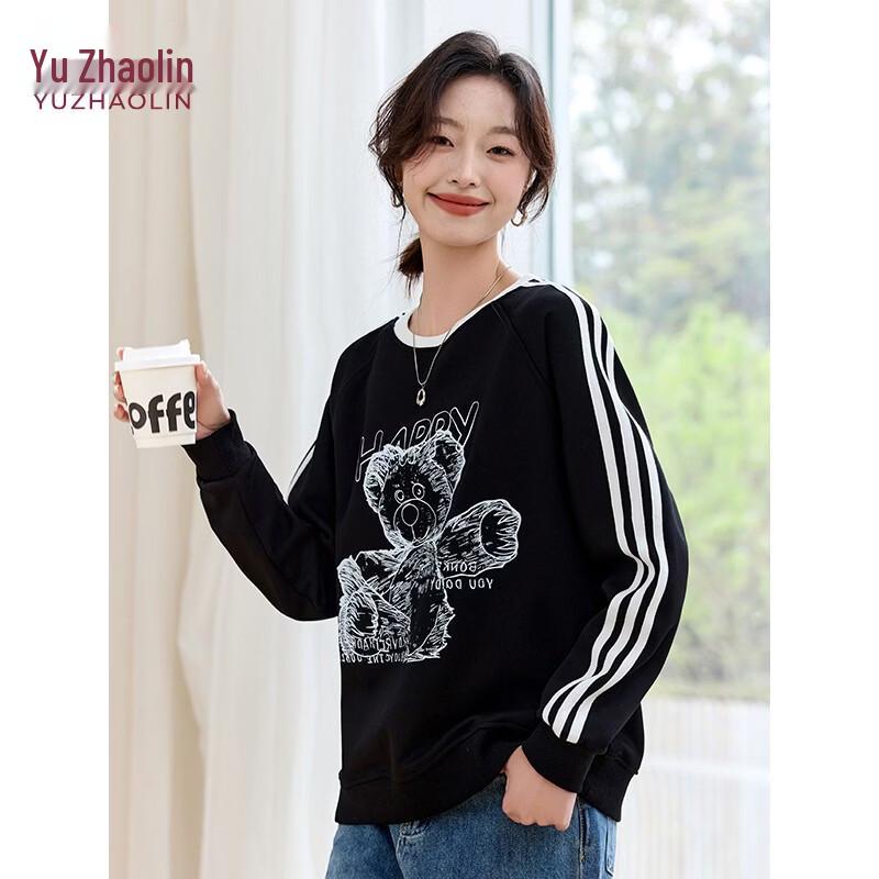Yuzhaolin Women's Bear Print Striped Color Block Round Neck Sweatshirt