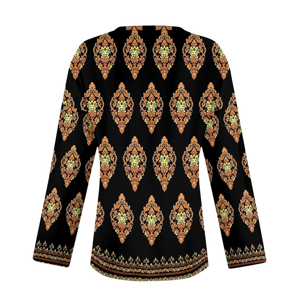 Modisches, lässiges Damen-Langarmtop mit Retro-Blumenmuster und V-Ausschnitt