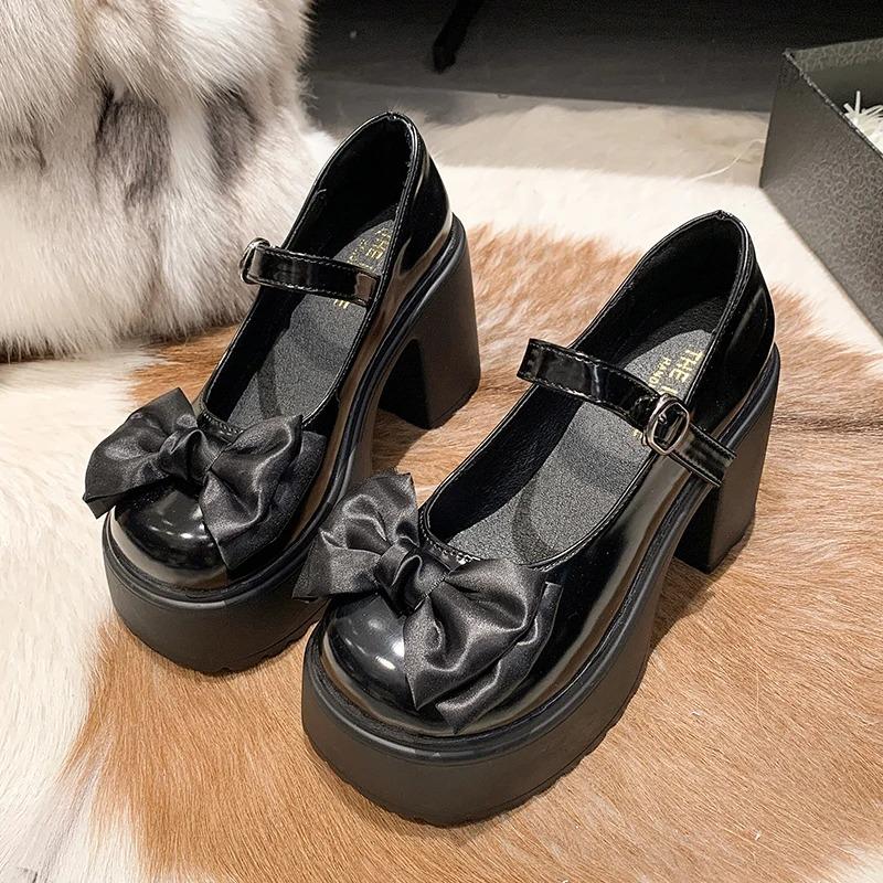 

Модные разноцветные туфли Мэри Джейн на толстой платформе, женские модные туфли-лодочки с бантом на очень высоком каблуке, женские туфли из искусственной кожи с ремешком на толстом каблуке для вечеринок 39 чёрный