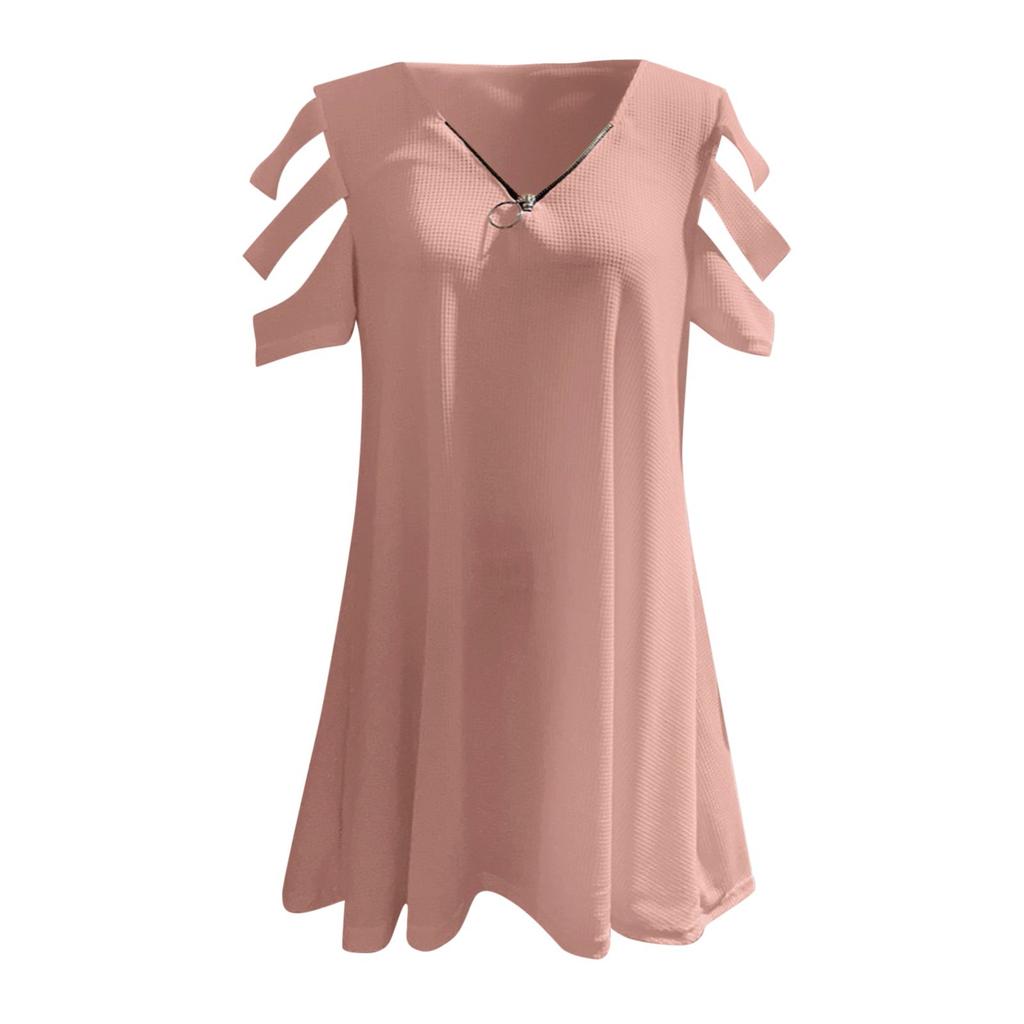 Womens Sexy V-neck Collar Zipper Color Short Sleeve Fold Casual Blouse Tops