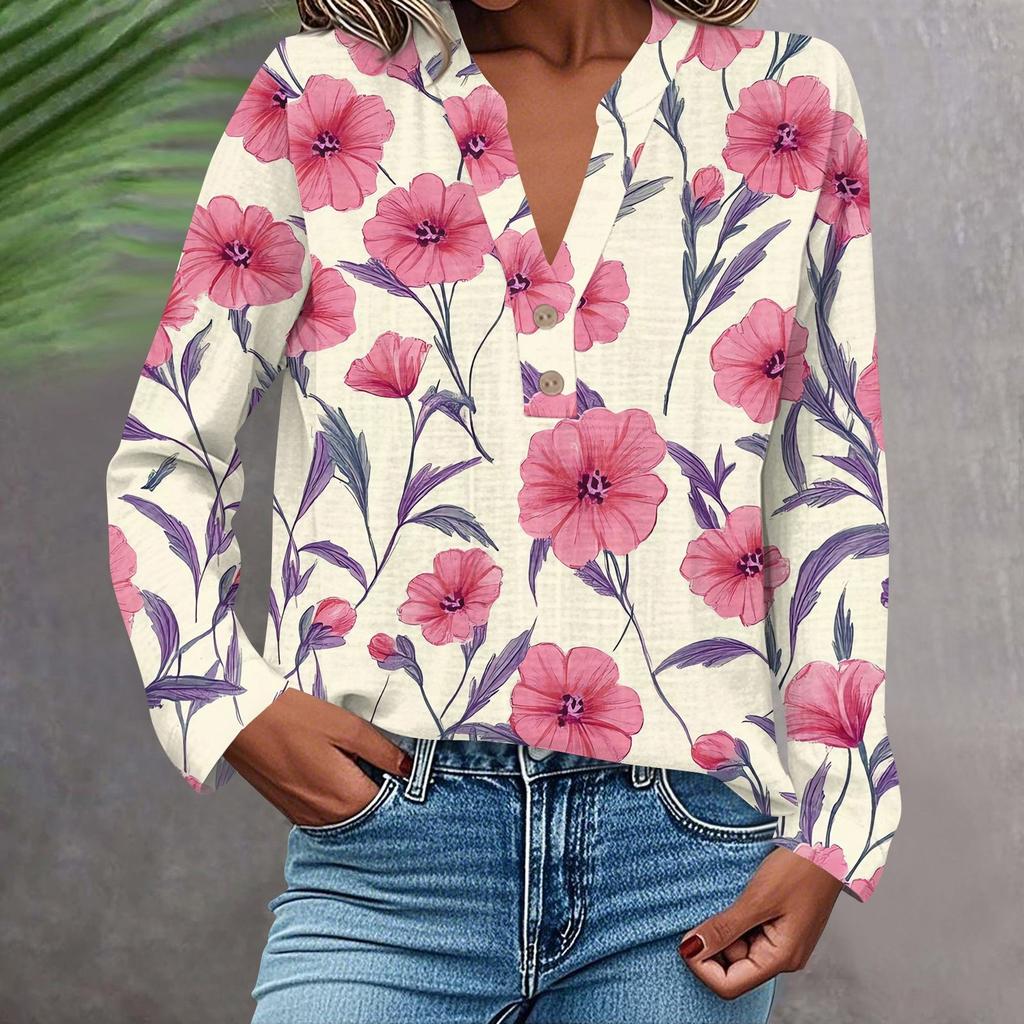Women's Fashionable And Casual Shirt Long Sleeve V-neck Button Printed Blouse Top
