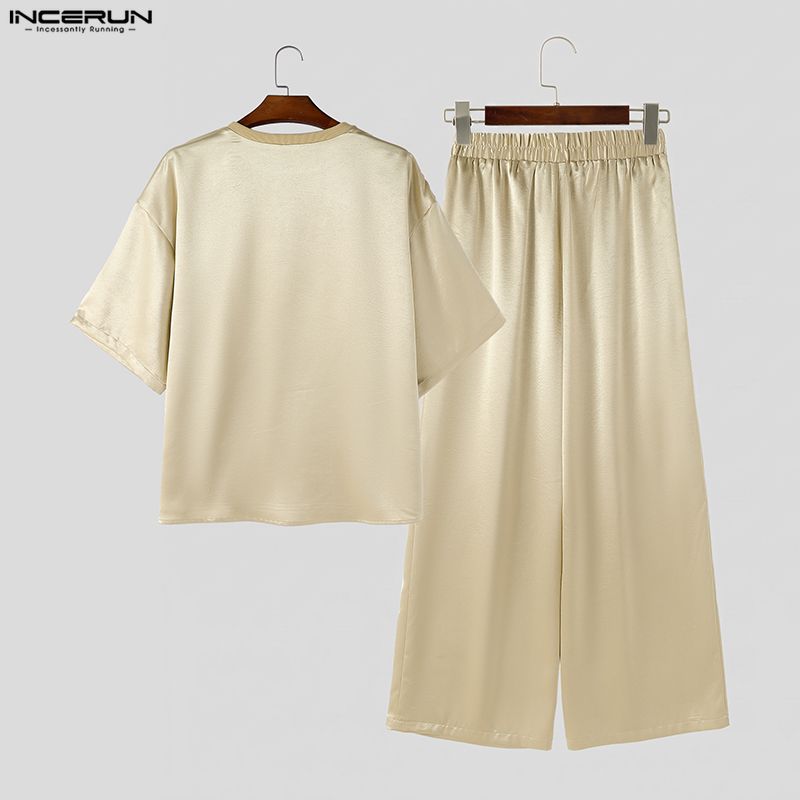 INCERUN Men's Two Piece Sets Oversized T-shirt and Wide Leg Pants Casual Satin Loungewear Outfits