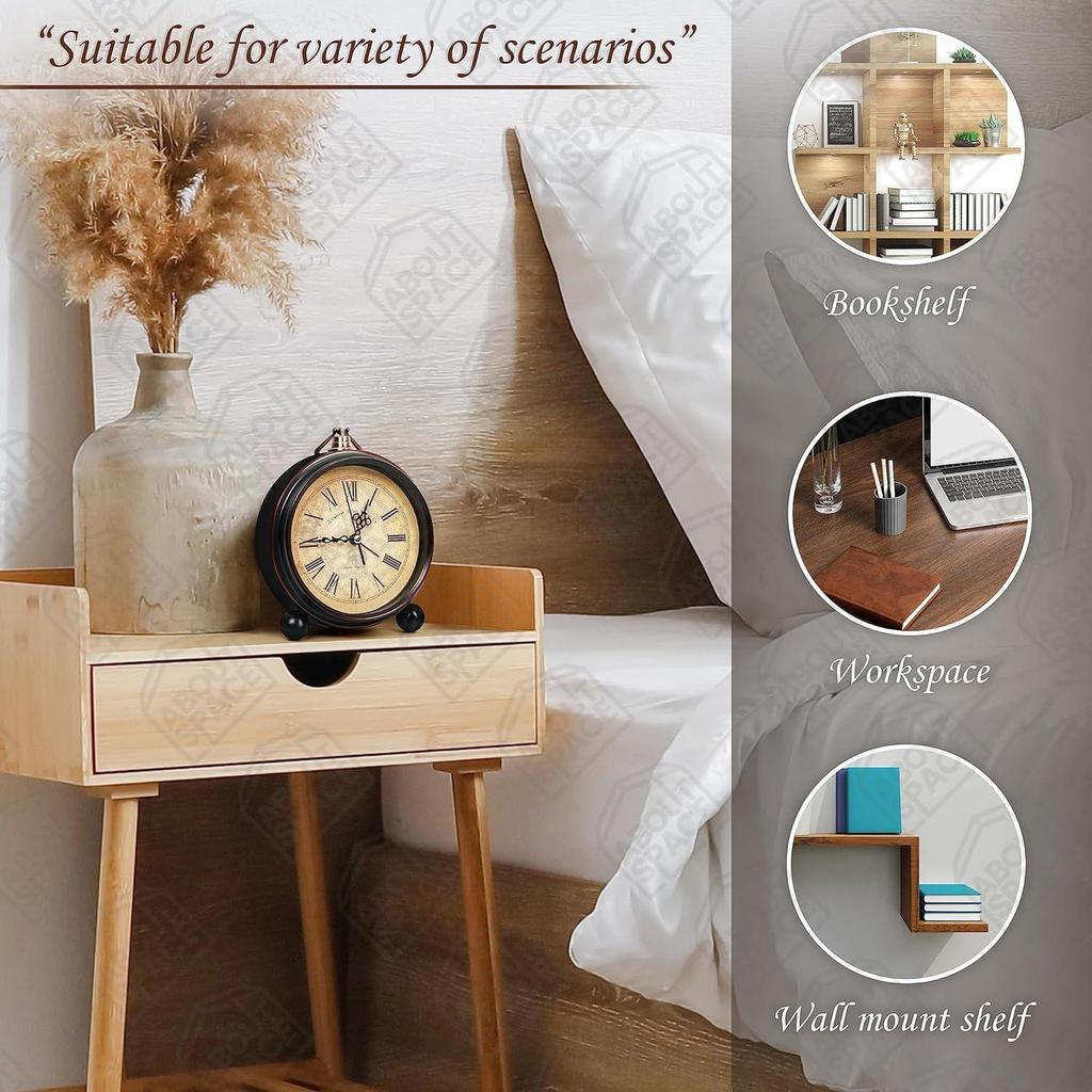 Vintage Alarm Clock Round Silent Analog Table Clock Non-Ticking with Roman Numerals, Hanging Hook - Battery Powered for Home Office Students