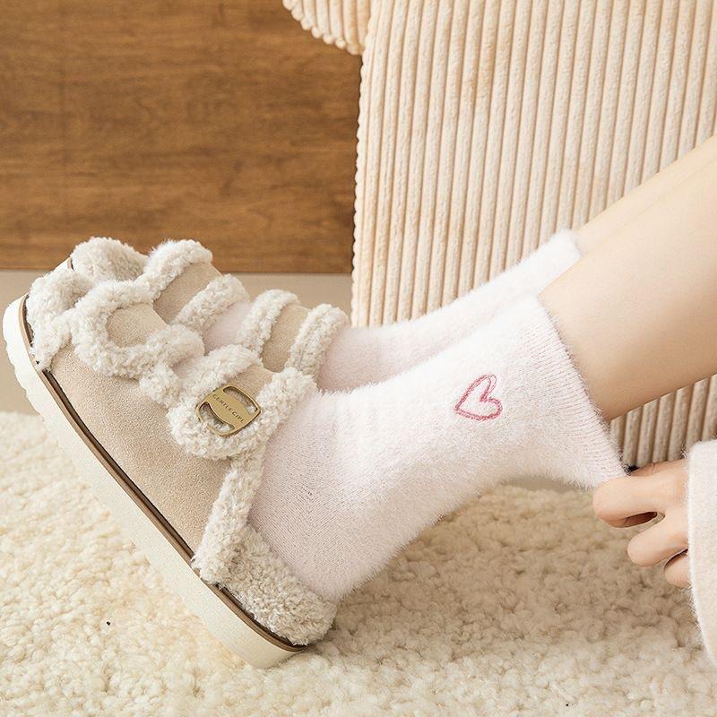 Women's Thickened Mink Fur Socks Pink Heart Embroidery Plush Sleepwear Solid Color Warm Middle Tube Autumn Winter Home Stockings Socks