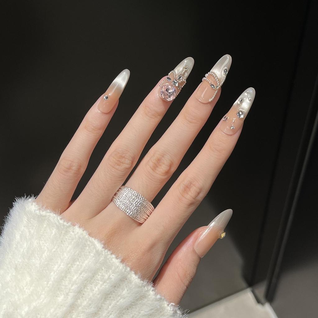 Handmade Medium-Length Cat Eye Press-On Nails with Rhinestones - Super Sparkly, Elegant, and Skin-Brightening 2025 Autumn/Winter Bestseller.
