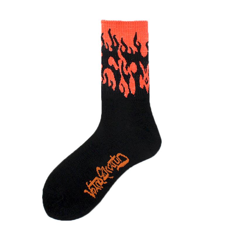 1 Pair Women Fashion Hip Hop Hit Color On Fire Crew Socks Red Flame Blaze Power Torch Hot Warmth Street Skateboard Socks