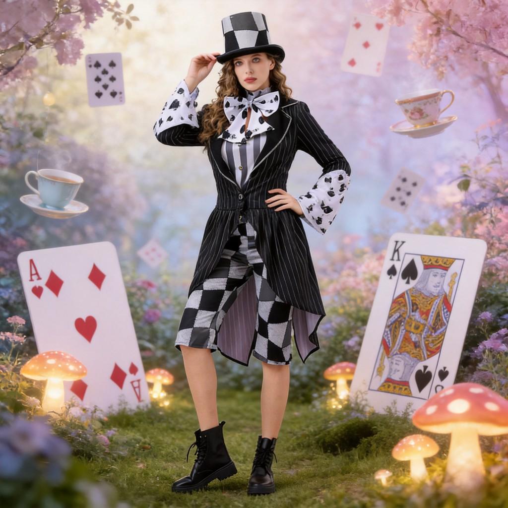Alice In Wonderland Halloween Costume For Women With Satin Hat And Magic Accessories