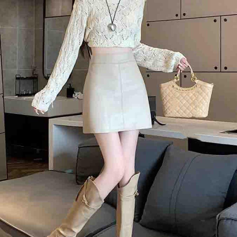 Zipper PU Leather Skirt with Safety Pants High Waist A-line Skirt Sweet Short Mini Skirts  Girls