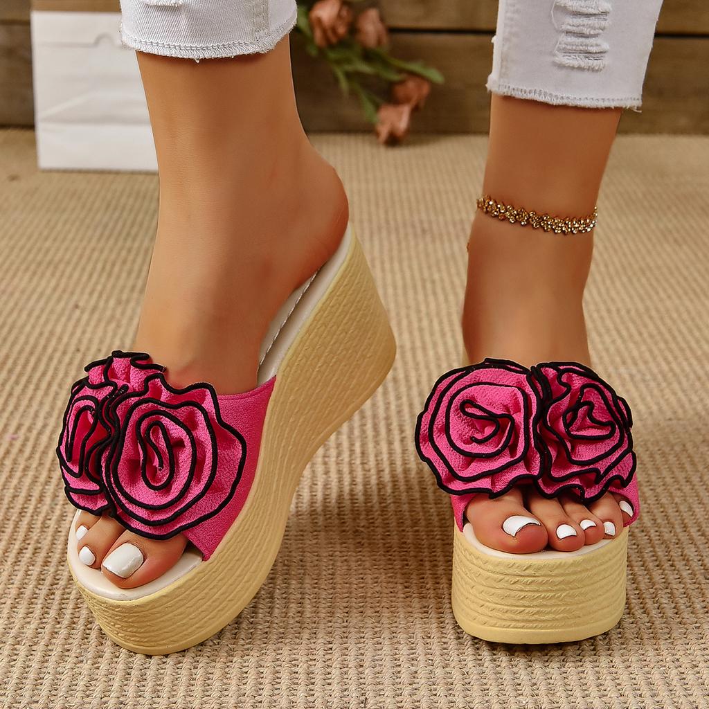 Aphixta Fluorescent Pink Wedge Heels Slippers Women Bohemian Flower Mulers 4cm Platform Sandals Clog Shoe Slides Plus Size 43