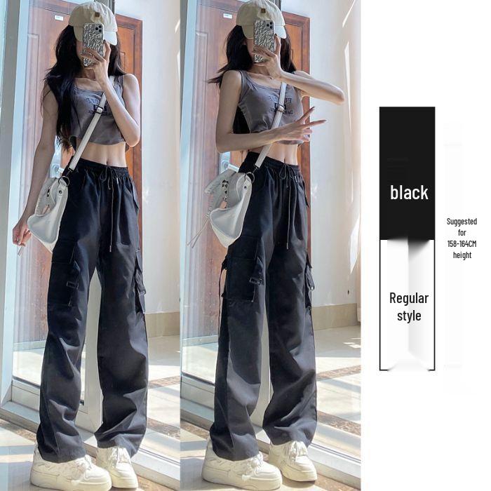 Unisex Military Green High-Waist Wide-Leg Cargo Pants - Lightweight, Summer Casual Fashion