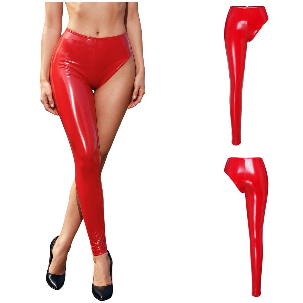 Women Patent Leather Single-leg Pants Back Zip Leggings for Stage Performance Rave Party Music Festival Nightclub