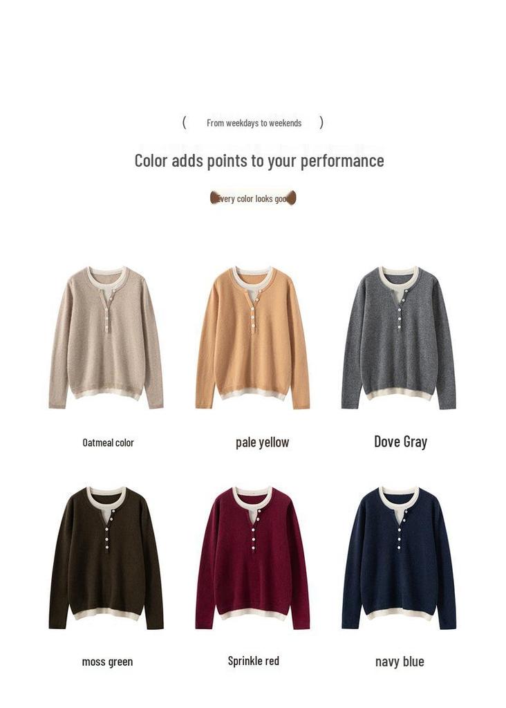 Women's Color Block Cashmere Sweater - 2025 Autumn/Winter Collection - Half-Open Round Neck Pullover