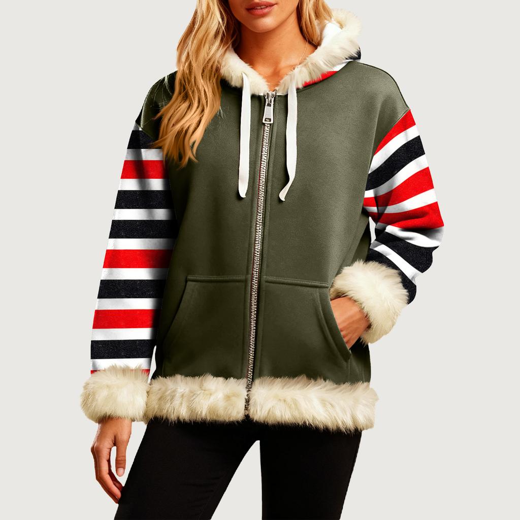 Damen Bequeme Lockere Mode Lässig Gestreifter Druck Langarm Taschen Kapuzenpullover Jacke