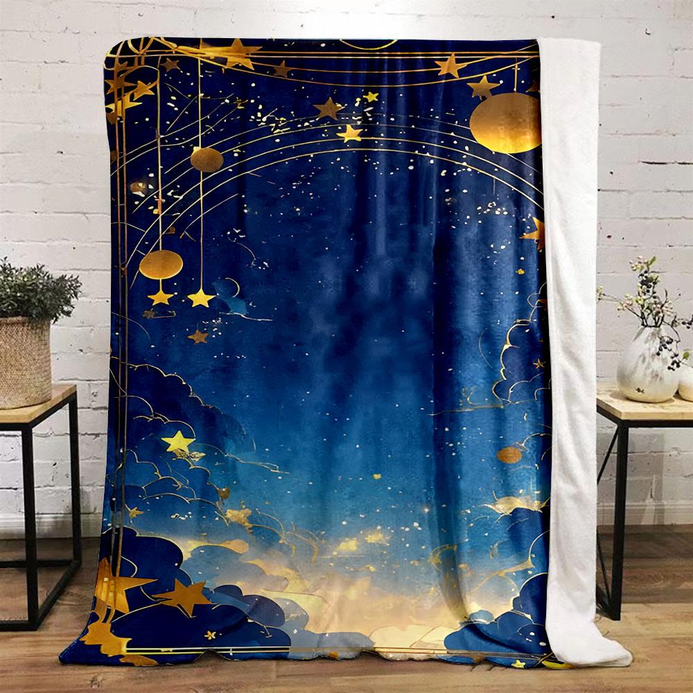 Golden Stars and Night Sky Design Patterned Flannel Blanket Perfect for the Bedroom Living Room, Sofa, or a Little Nap