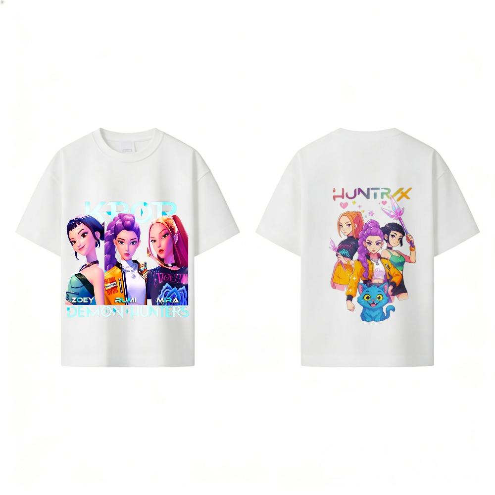 Kinder Kurzarm T-Shirts Stoff Huntrix KPOP Dämonenjäger Cartoon Kostüm Kleinkind Doppelseitiger Druck T-Shirt Baby Mädchen Jungen Stoff