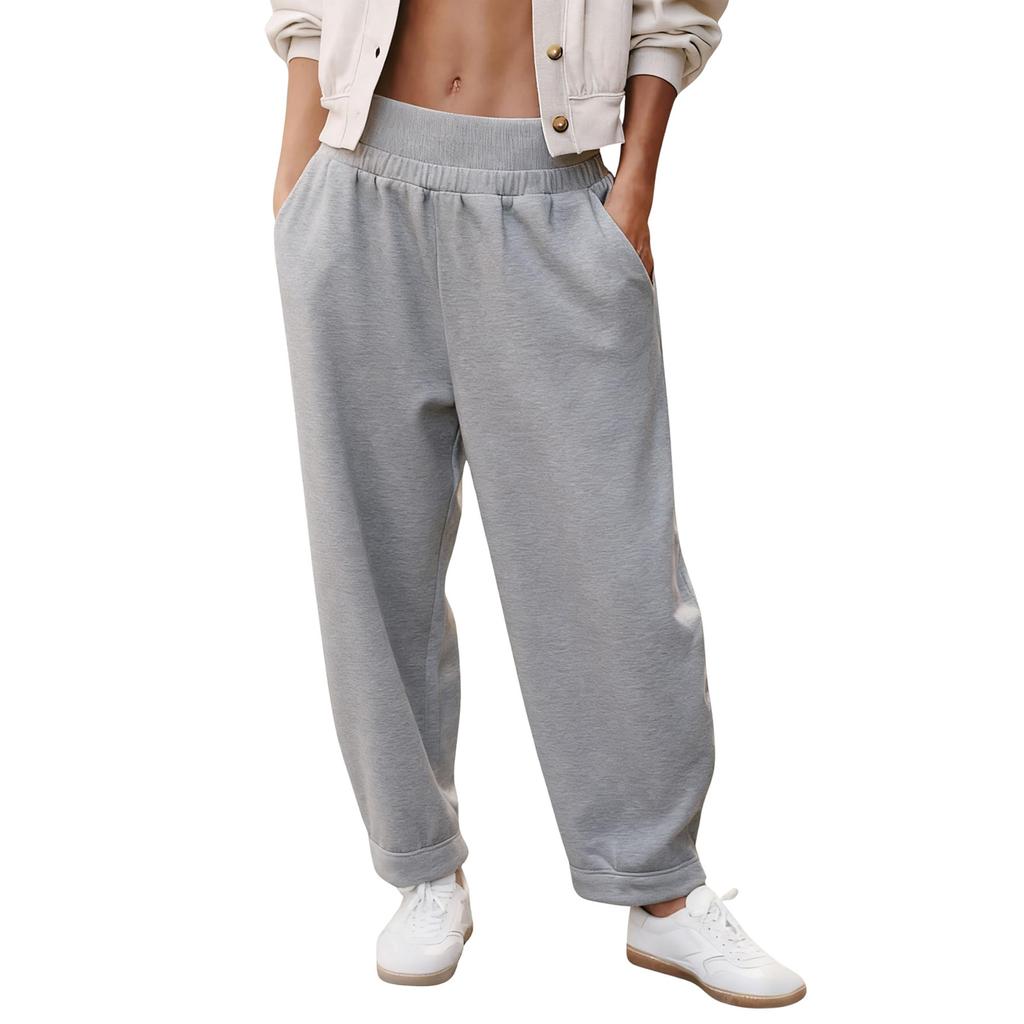 Women's Fashionable Solid Color Elastic Waist Pocket Casual Sports Pants