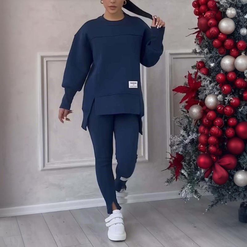 Set Due Pezzi Donna Felpa Irregolare Maniche Lunghe Pullover Top Pantaloni Autunno Inverno Lady Tinta Unita Largo Outfit M L