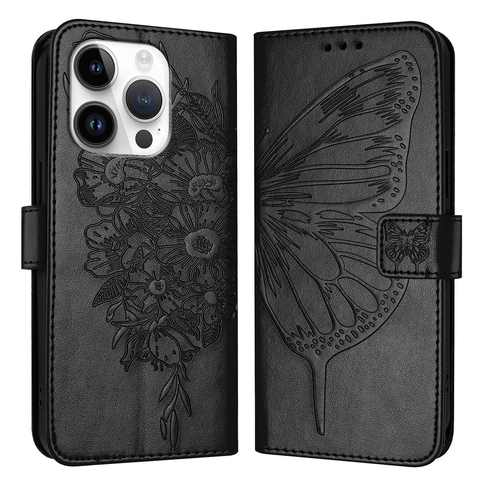 

For iPhone 16 Pro Wallet Case with Wrist Strap Butterfly Imprint Leather Phone Cover A