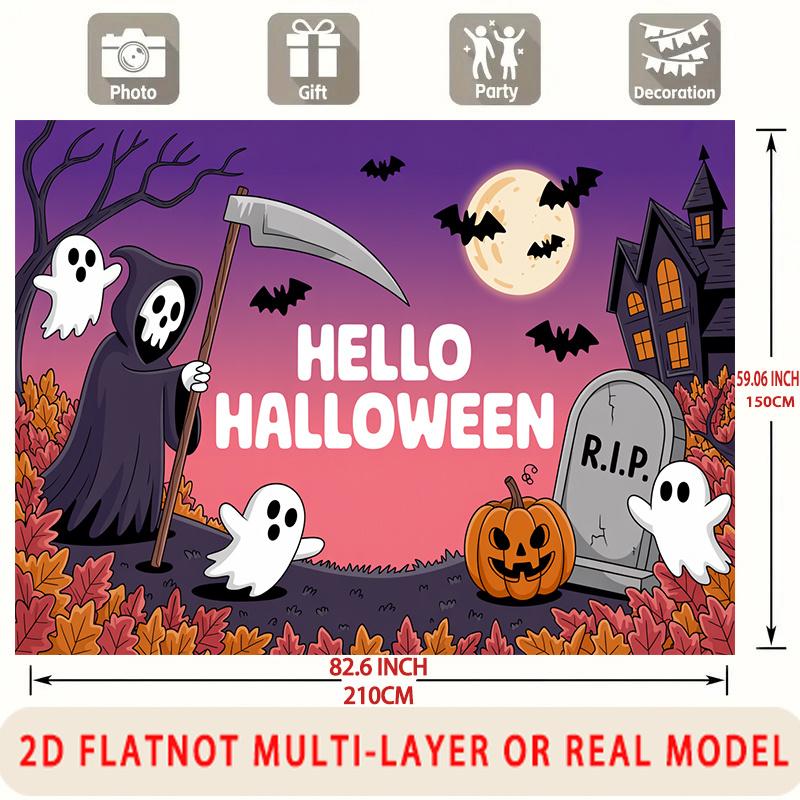 Party Backdrop Halloween Moon Flat Spooky Haunted House Ghosts Pumpkins Bats Celebration Photo Booth Front Door Decor