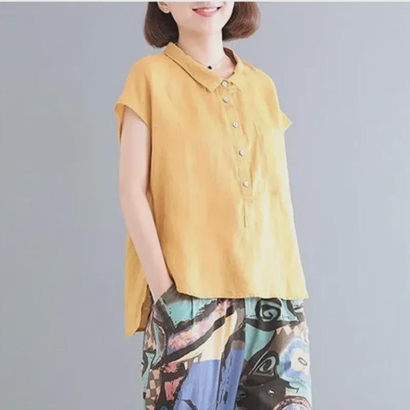 Women's 2024 Summer Retro Loose Cotton & Linen Mid-Sleeve Doll Collar Shirt
