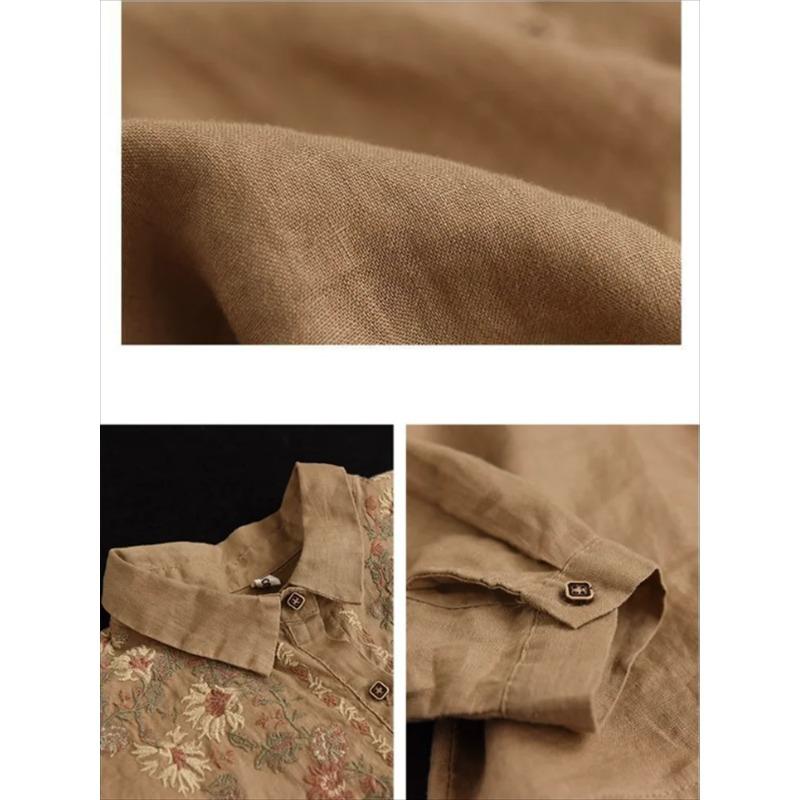 Retro Blouses Women National Shirt Linen Shirt Loose Embroidered Blous Laple Long Sleeve Cardigan Shirts