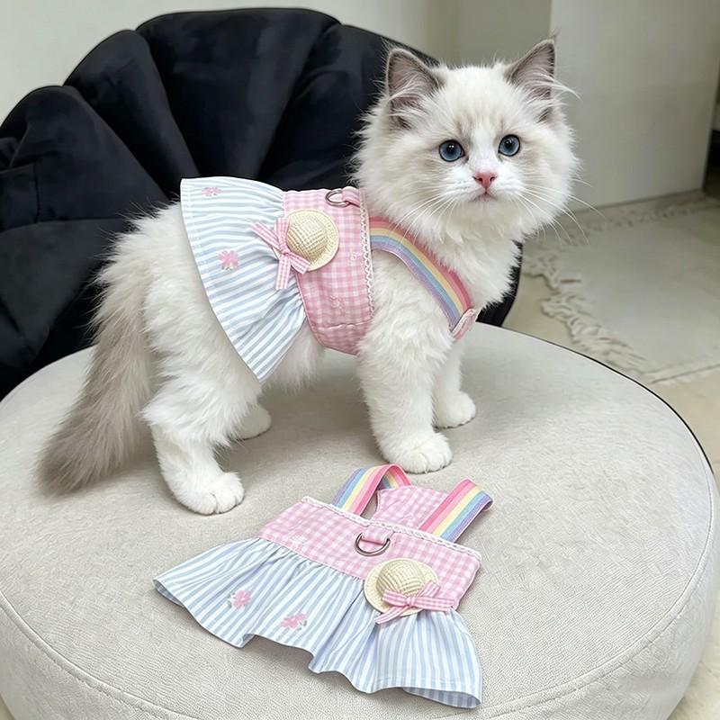 Pet Cat Dress Sweet Rainbow Strap Princess Skirt Ragdoll Golden Shaded Cats Anti-Shedding