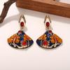 [Golden Earrings] 18K Golden Plated Elegant Geometric Fan-Shaped Oil Painting Earrings for Women | Sterling Silver Posts, Red & Orange Floral Design,