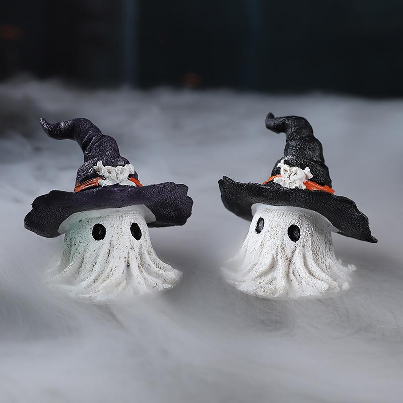 Haunted Resin Ghost Figurines - Halloween Witch Hat Decor with Mini Pumpkins for Party Tabletop Scenes
