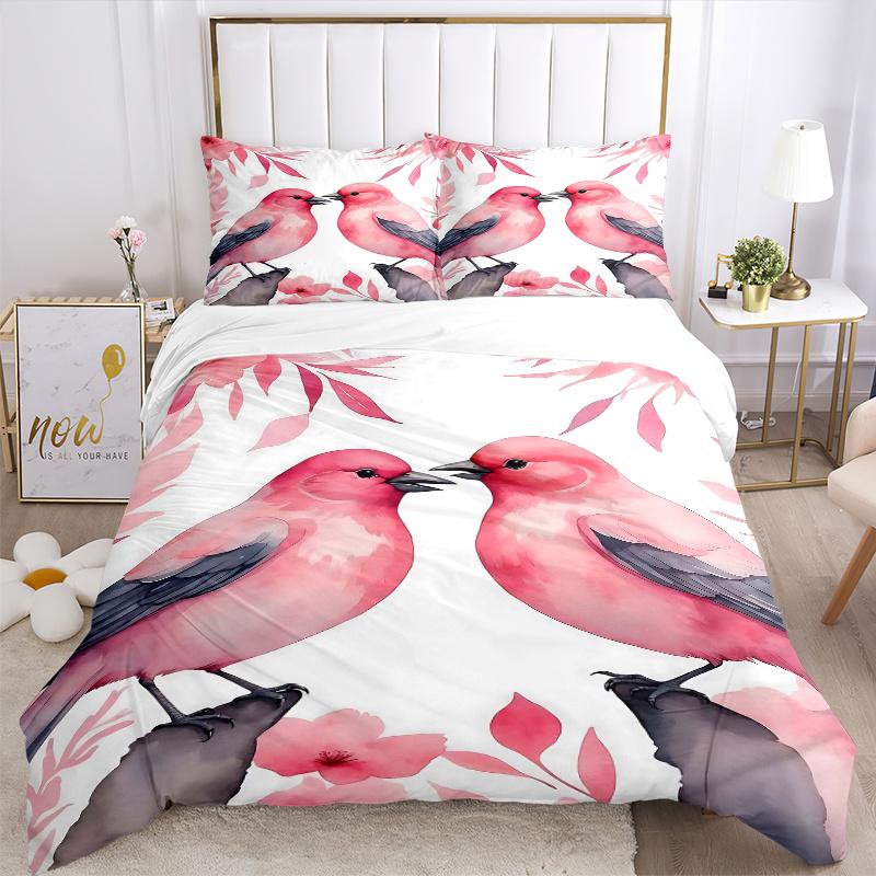 3pcs Two Pink Birds in Love Bedding Set, Including 1 Quilt Cover and 2 Pillow Shams, Without Filling, Soft and Comfortable Home Bedroom Fabric