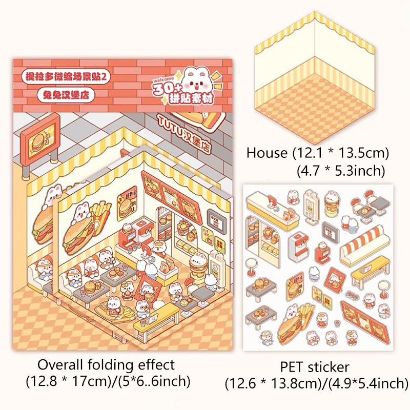 DIY Cute Rabbit Cartoon Girl Mini World Landscape Sticker Pocket 3D Sticker Cabin Scene Stacking and Pasting Festival Kids Gifts