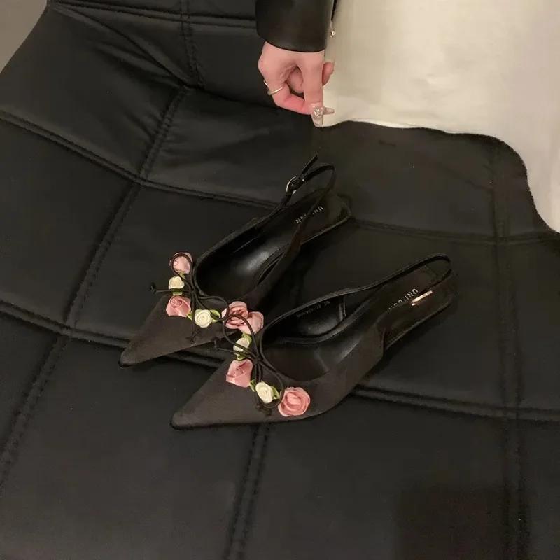 2025 New Spring and Autumn Fashion Flower Sweet Pointed Shallow Mouth Bow Needle Buckle Casual Thin High Heel Women's Shoes