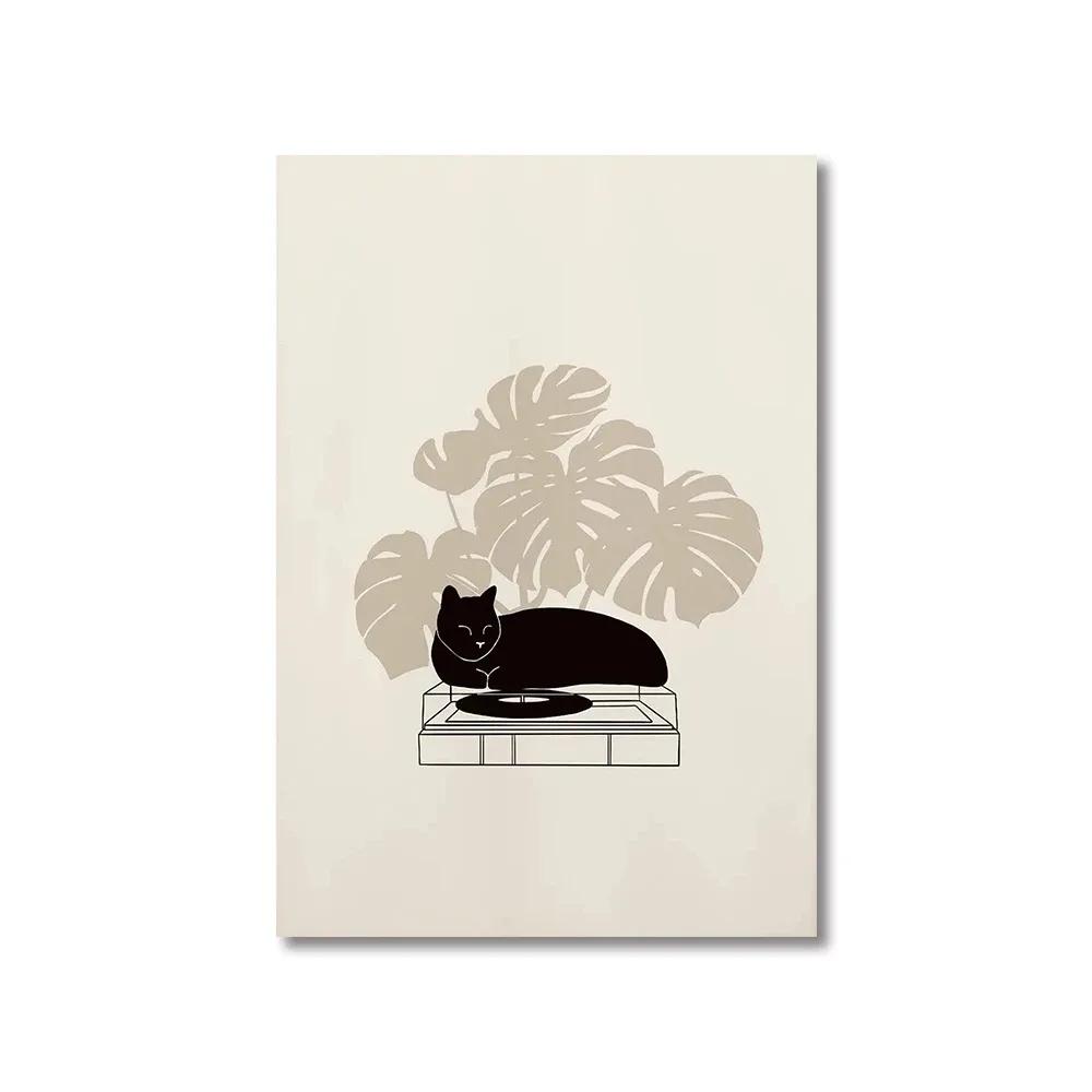 Abstrakte Süße Katze Tier Leinwanddrucke Elegantes Damenporträt Wandkunst Illustration Poster für Wohnzimmer Schlafzimmer & Heimdekoration