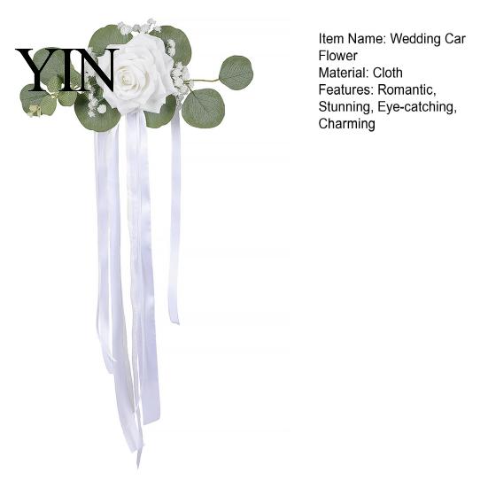 Easy Install Car Flowers Wedding Door Handle Flower with Ribbon Tie And Green Leaves, White Artificial Realistic Petal Decor Rose Rearview Mirror