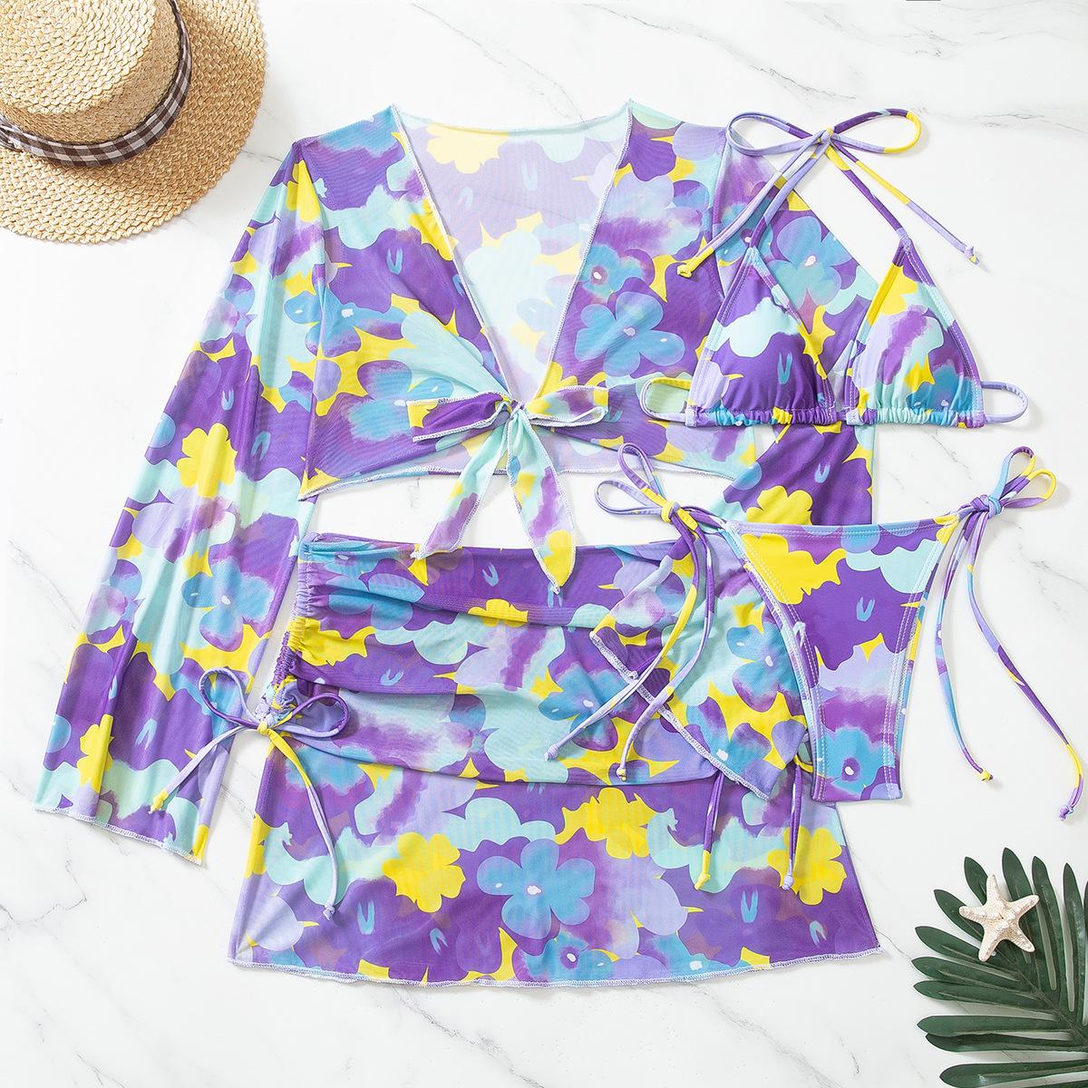 

2024 Европейский и американский яркий купальный костюм с защитой от солнца тай-дай с сетчатым платьем (4 шт) Small фиолетовый