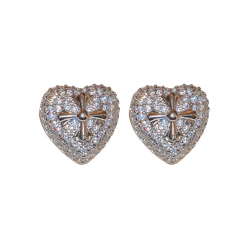 Luxury Zircon Heart Cross Earrings: Gold-Plated Sterling Silver, Elegant European & American Style for Women
